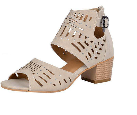 Sandales CutOutChic Beige talon bloc 7cm ajourées femme | Shoozia