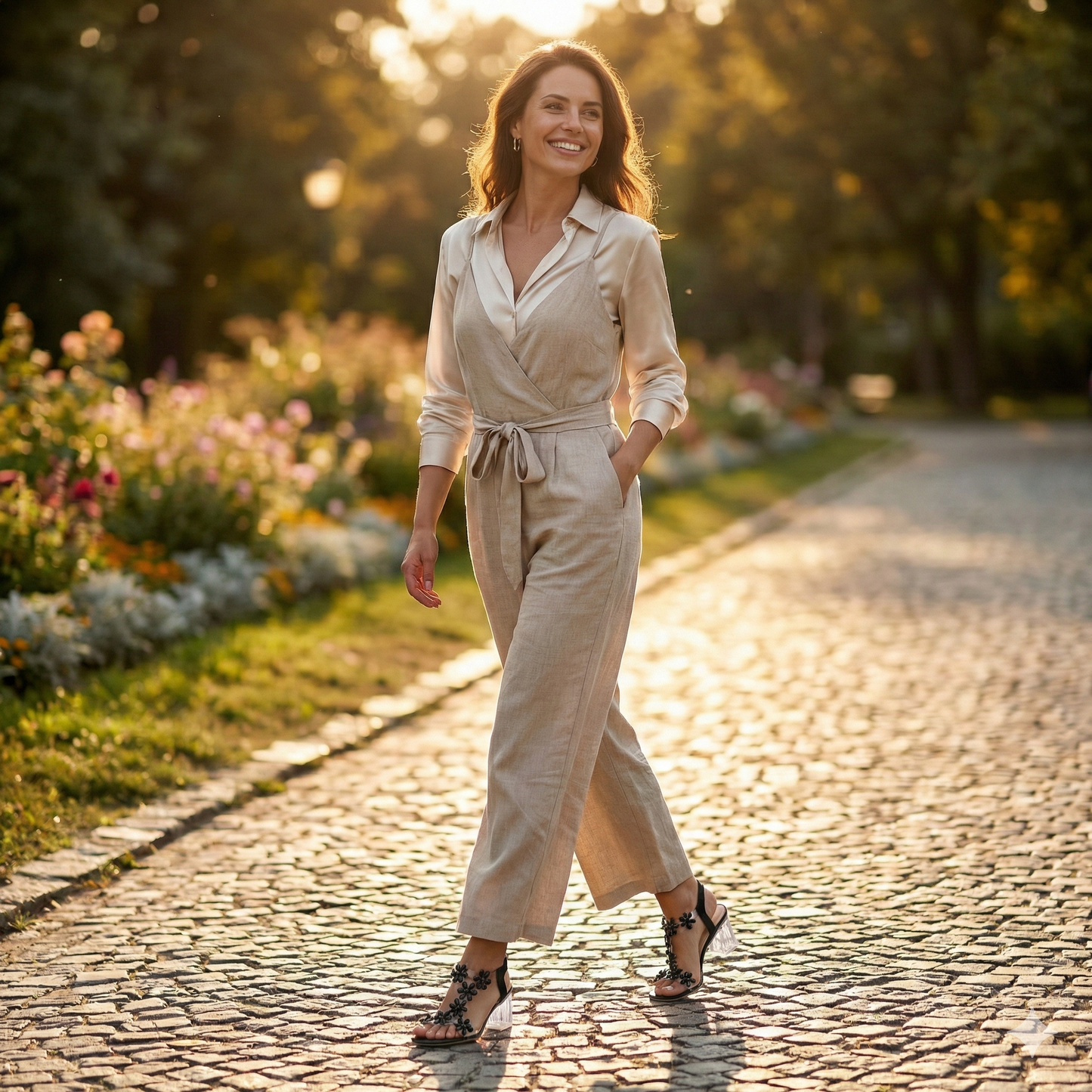 Femme active portant les sandales compensées Fleurine - Style élégant et marche sans douleur | Shoozia